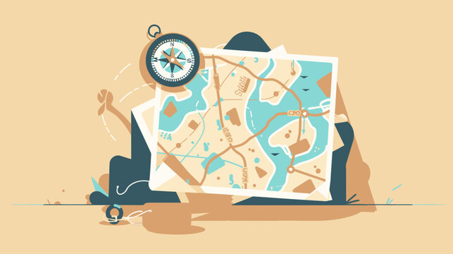 Travel planning and navigation concept with detailed road map and vintage compass illustration for adventure and exploration