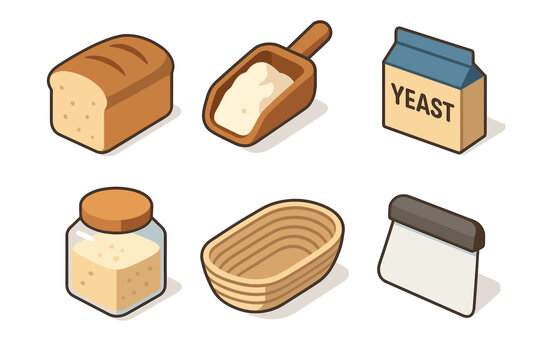 Bread making ingredients and tools vector illustration set featuring flour, yeast, a loaf of bread, a banneton, a dough scraper, and a jar of starter.