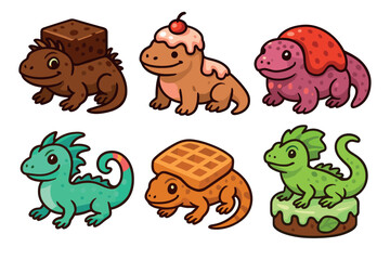 Obraz premium Cute cartoon fantasy dessert creatures illustration set showcasing various adorable animals combined with sweet treats and baked goods in a playful style.