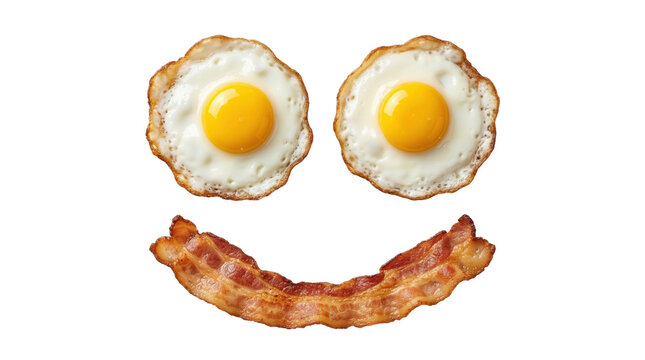 Two fried eggs and bacon forming smile on white
