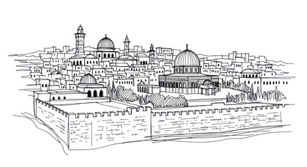 Obraz premium Jerusalem Cityscape Sketch: Dome of the Rock, Al-Aqsa Mosque, Western Wall
