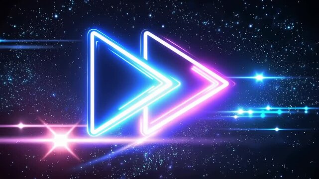 Neon fast forward arrows glowing in cosmic space digital speed motion and futuristic technology