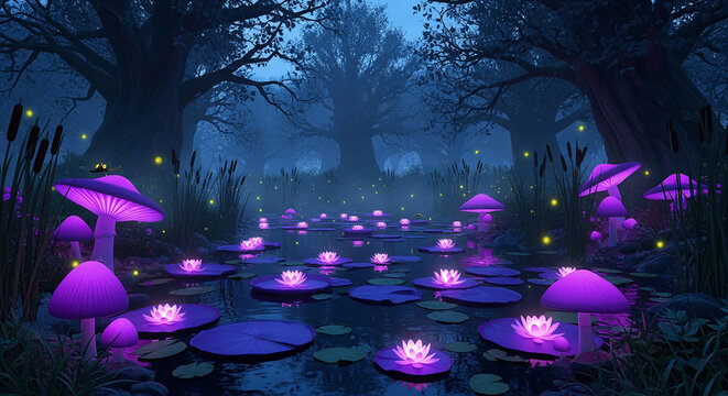 Dreamlike forest pond filled with radiant purple mushrooms and sparkling fireflies tonight