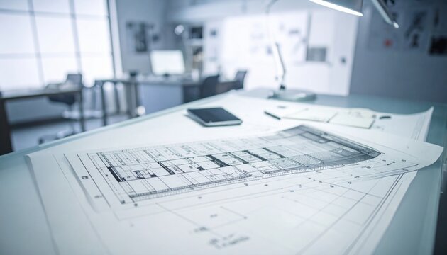 Architectural blueprint for a modern medical clinic with detailed specifications on a design desk