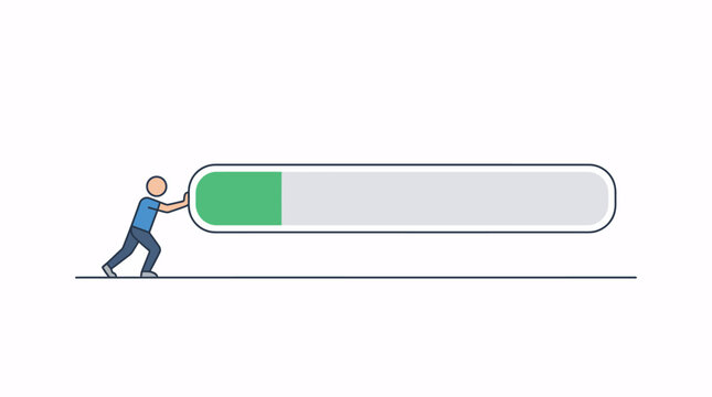 A person pushing a progress bar, symbolizing ongoing effort, task completion, project advancement, and the diligent work needed to achieve goals or manage loading status
