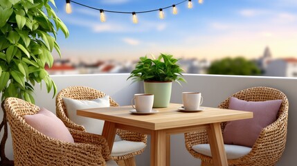 Fototapeta premium Cozy outdoor balcony setting with a wooden table, two woven chairs, potted plant, and coffee cups, illuminated by string lights against a city skyline backdrop