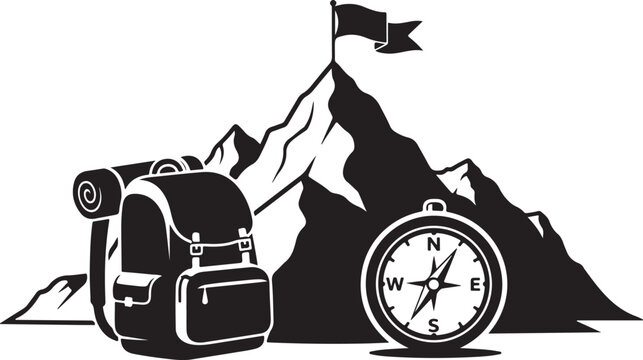 Adventure travel hiking backpack and compass on mountain peak