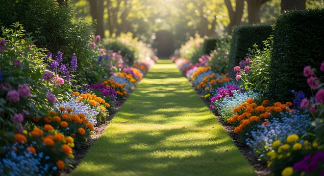 Lush garden path lined with vibrant blooming flowers and manicured hedges walkway