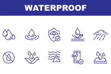 Fototapeta premium Waterproof icon set, water resistant symbols, liquid proof protection, hydrophobic surface, anti-wetting material, shield with water drop, rainproof fabric, outdoor safety vector illustration