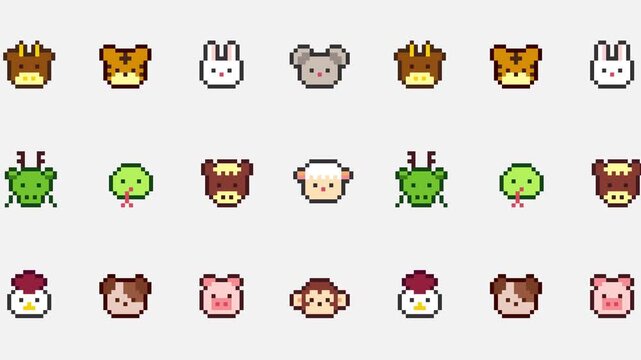 8-bit pixel art Chinese Zodiac animal face icon moving pattern. looped animation 4k 30fps