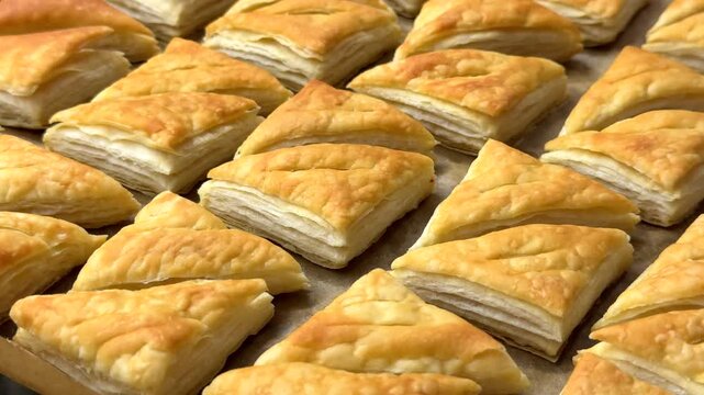 A tempting array of golden-brown puff pastries fresh from the oven, showing delicate, flaky layers and a crispy texture. Perfect for bakery menus, food blogging, or culinary concepts.