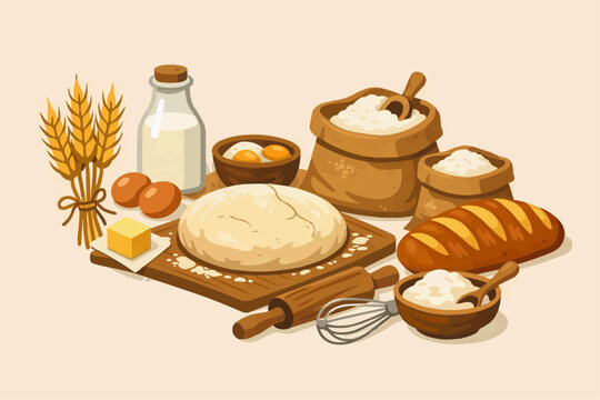 Bakery ingredients and fresh bread illustration with wheat flour eggs milk butter rolling pin whisk bowl and rustic loaves creating a warm baking concept for menus packaging and recipe themes