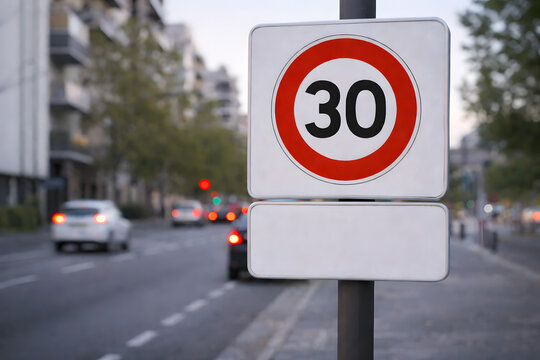 Thirty speed limit traffic sign on urban street, road safety regulation symbol, city transportation warning board, driving restriction marker, legal roadside signage for controlled vehicle speed