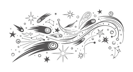 Black and white abstract swirling stars and comets decorative swirls © Md