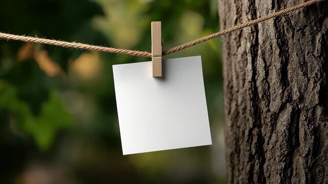 Blank white paper attached with a wooden clothespin on a rope against a textured tree trunk in a lush green outdoor setting with blurred foliage in the background