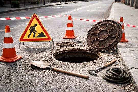 Open manhole road repair warning zone, construction safety cones and caution sign around underground sewer maintenance site, urban street infrastructure work with barrier tape, municipal excavation ha