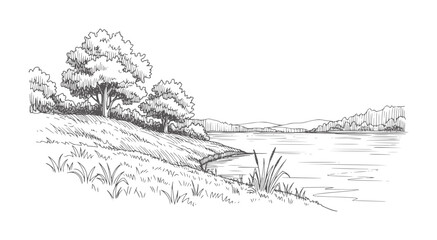 Black and white of serene lakeside landscape with grassy hill and trees © Md