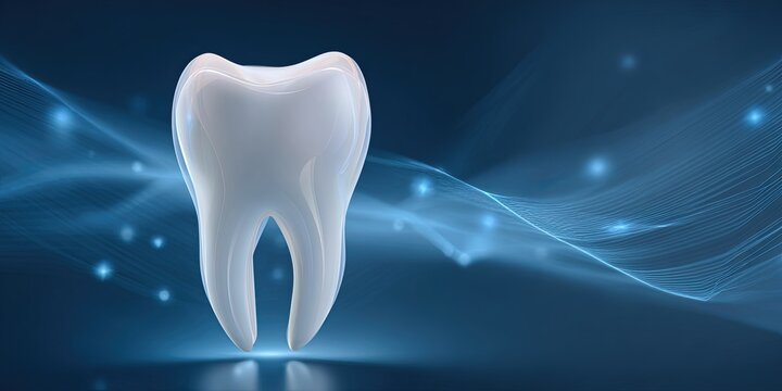 Healthy human tooth in 3D. Dentist, modern technologies, vector illustration. Banner