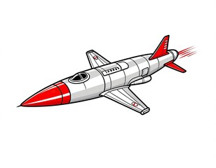A high-flying jet aircraft with a distinctive red and white color scheme soaring through the air