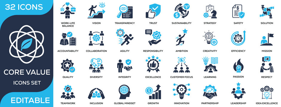 Core values solid icon set featuring integrity, teamwork, leadership, innovation, responsibility, and trust. Flat vector icons for corporate culture, company values, and business ethics projects.
