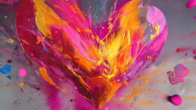 Abstract heart composed of pink, orange, yellow paint. Splatter effect. Gradients and splatters