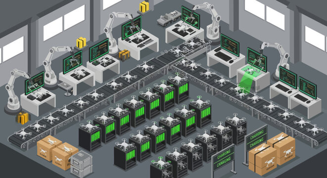 Industrial robotic assembly line production.
