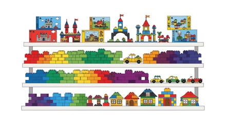 Colorful Building Blocks Toys Displayed on Shelves, Featuring Castles, Houses, Cars