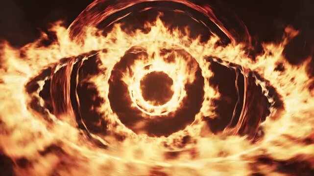 Burning ring of fire spinning in darkness concept. Fiery glowing eye shape with intense flames and dark background for mystical and fantasy concepts