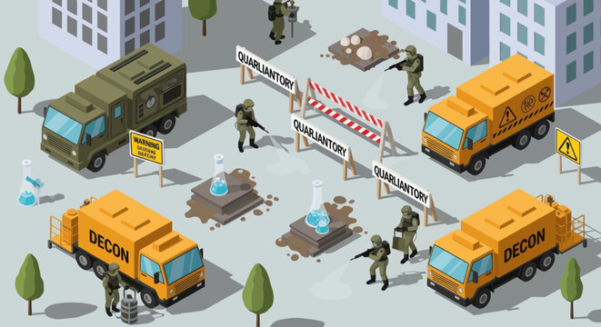 Soldiers and military vehicles on street.