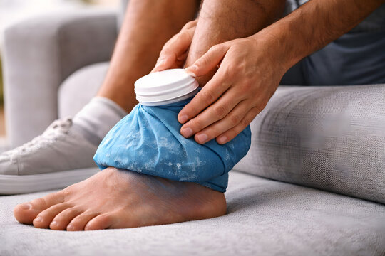 Person applying ice pack to swollen ankle at home, sprain injury treatment after foot pain, cold compression therapy for ligament recovery, orthopedic first aid care, rehabilitation concept for leg tr