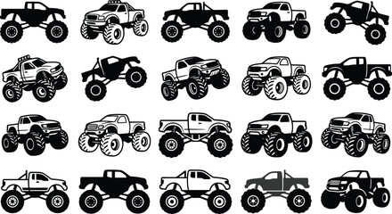 Collection of various monster truck designs with oversized wheels and lifted suspensions displayed in a grid
