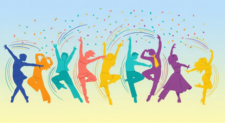 Colorful dancing people silhouettes celebrating with confetti in the air on a sunny background