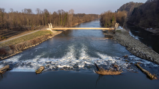 Drone footage of the Oberschwarza foot and bicycle bridge near Spielfeld in the border area between Austria and Slovenia