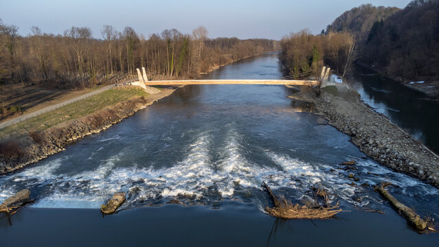 Drone footage of the Oberschwarza foot and bicycle bridge near Spielfeld in the border area between Austria and Slovenia