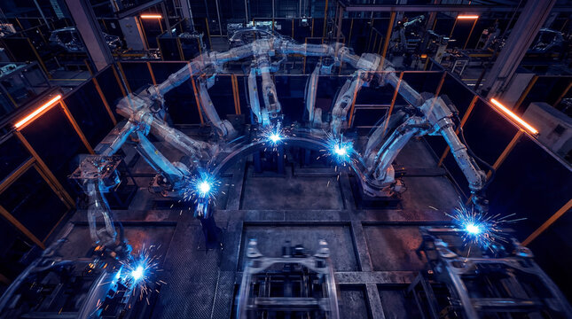 Massive robotic welding arm at night in dark automotive assembly floor with stroboscopic sequences