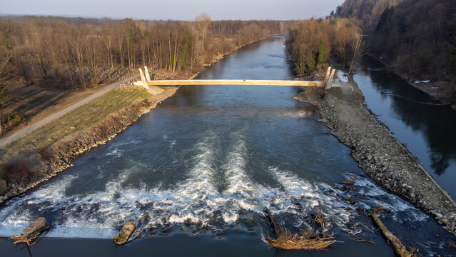 Drone footage of the Oberschwarza foot and bicycle bridge near Spielfeld in the border area between Austria and Slovenia