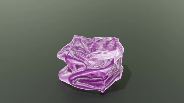 Transparent purple glass jelly cube transition transforms into a crumpled shape and then reverts back to a square form, showcasing fluid motion and material properties on a reflective surface