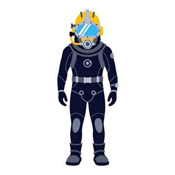 Diver Professional Avatar in a Flat Style Illustration Wearing a Classic Heavy Underwater Helmet and Dark Diving Suit Isolated on White Background