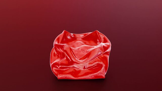 Transparent red glass jelly cube transition transforms into a crumpled shape and then reverts back to a square form, showcasing fluid motion and material properties on a reflective surface