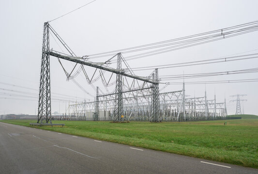 Transformer station and power lines in Eemshaven the Netherlands