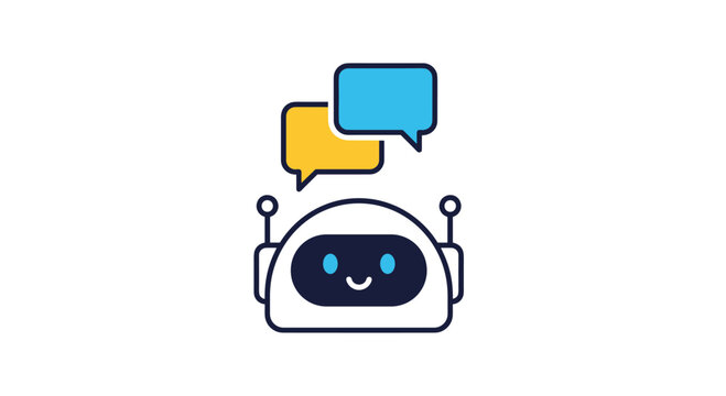 Friendly chatbot robot icon with colorful speech bubbles representing artificial intelligence and customer support services.
