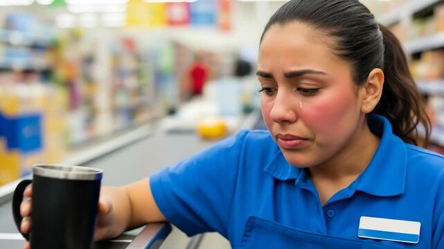 Woman worker drinking from mug with tearful expression at checkout counter, depicting sad sick scenario