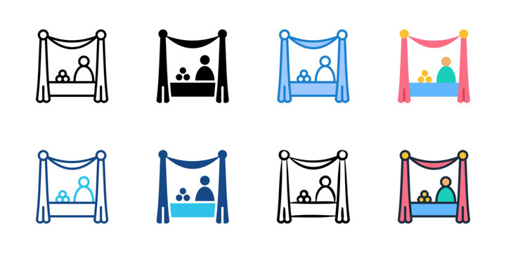 Textiles draped over stalls icons set multiple style collection. Editable stroke 

