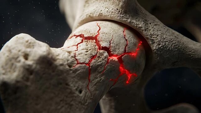 Close Up of a Cracked and Damaged Hip Joint with Red Glow Emanating from Fractures Medical Animation