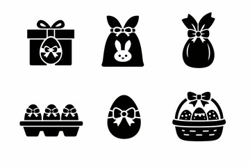 Easter icons set: gift box, bunny bag, egg carton, decorated eggs, basket