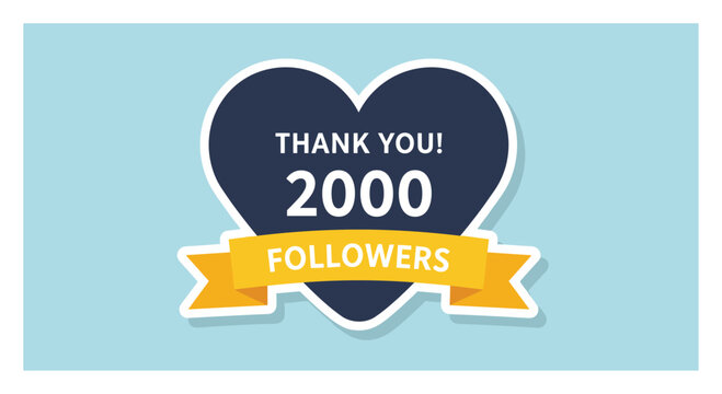 Thank you card design for reaching two thousand followers featuring a navy blue heart and a yellow ribbon banner.