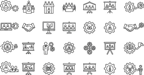Business Management and Human Resources Icon Set Featuring Team Meetings Leadership Corporate Training Handshakes Gear Integration and Professional Collaboration Vector