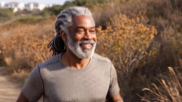 Elderly man smiling happily running outdoors in nature with dredlocks and beard
