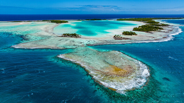 Aerial view of Rangiroa blue lagoon atoll Tuamotus French Polynesia