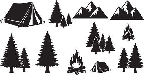 Obraz premium Camping in the mountains with trees and tents silhouette